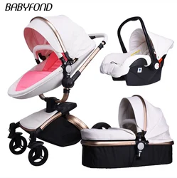 Babyfond Stroller 360 degrees 3 in 1 Baby Carriage Luxury Two-way Leather Shock Absorption Folding Pram Baby Stroller