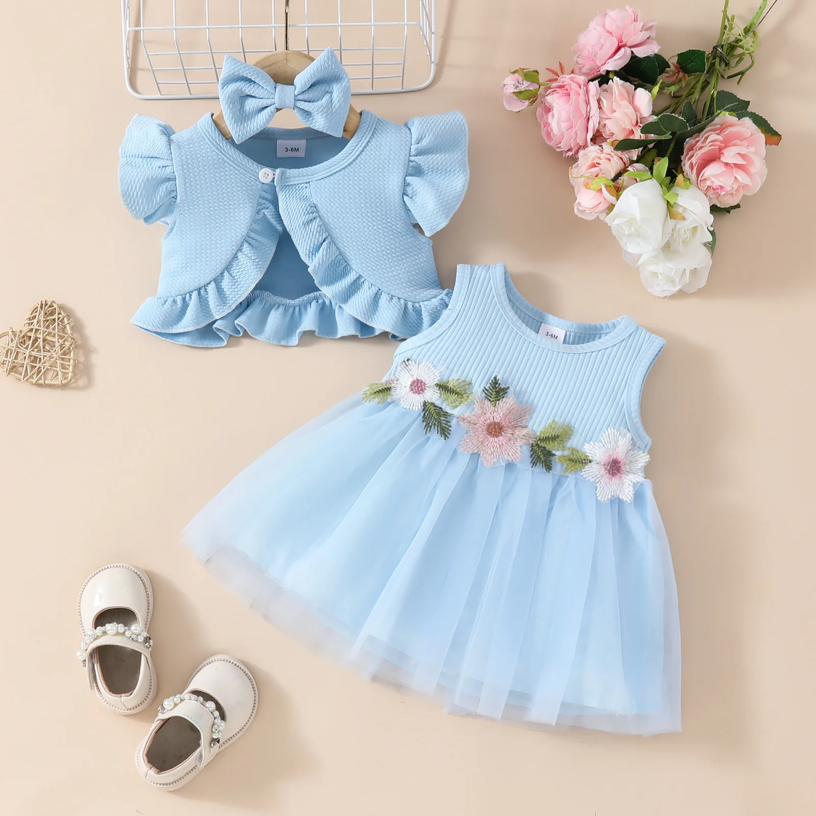 Hot Selling Summer Newborn Baby Sleeveless Girl Princess Dress Cute Kids Hair Band Kids Hair Band Mesh Dress +Coat 3pcs Sets