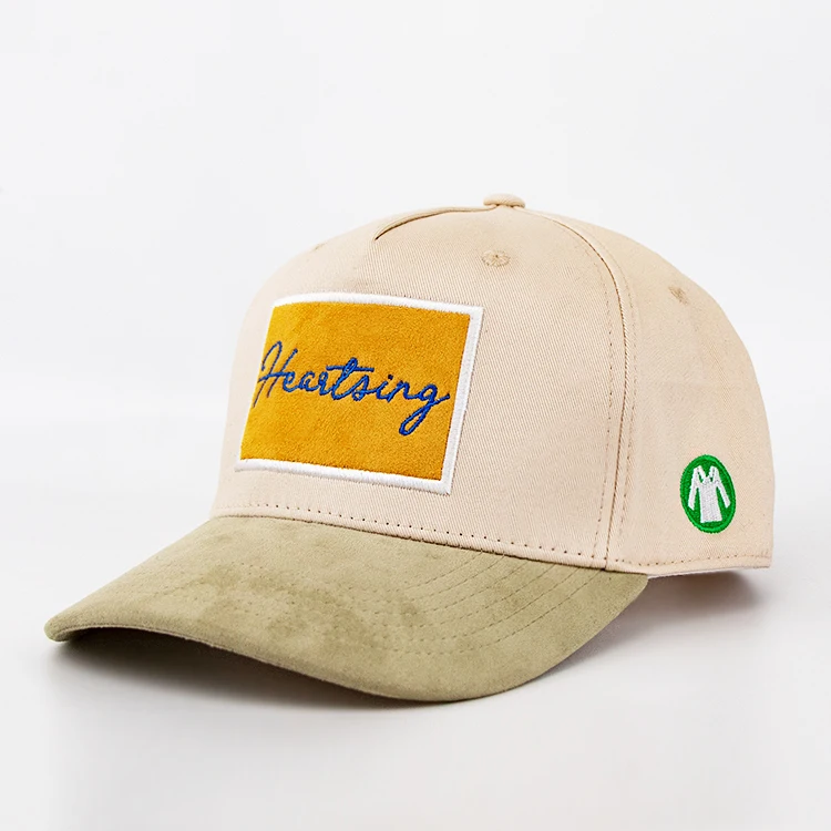 Adjustable Buckle Organic Cotton Applique Custom Embroidery logo 5 Panels Suede Brim Baseball Cap