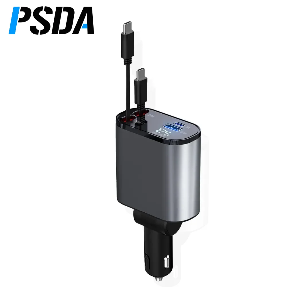 PSDA Retractable Car Charger 4 in 1 Fast Car Phone Charger 60W Retractable Cables and USB Car Charger For iPhone 15 Galaxy Pixel