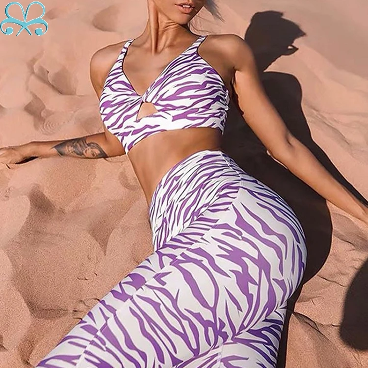 European/American style stripe digital print yoga fitness suit sports tight two-piece set for women