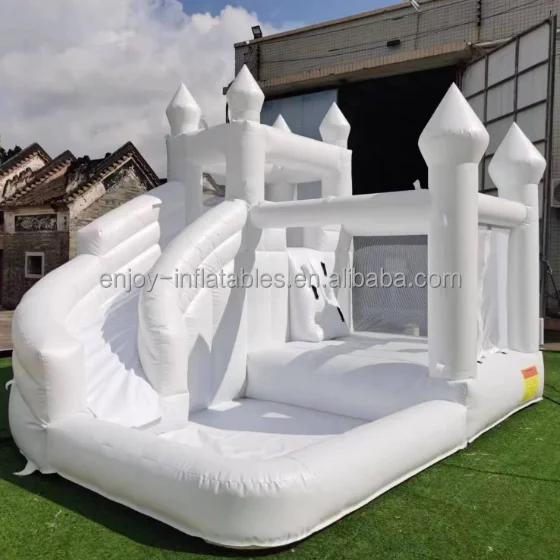 Outdoor commercial inflatable white bounce house combo with ball pit and slide inflatable castle water slide pool