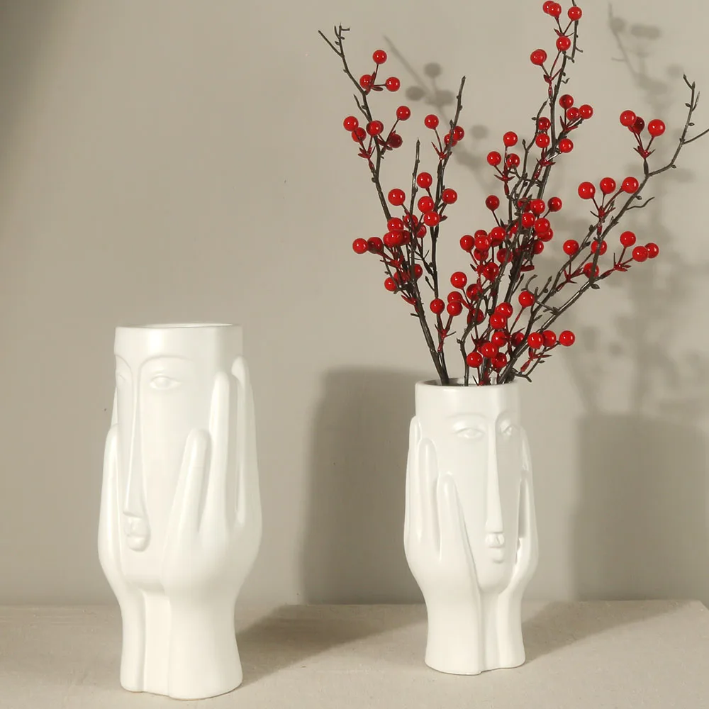 11 inch Rustic Old Antique Abstract Hands Human Face Hand Painted China Ceramic Flower Vases For Home Decors