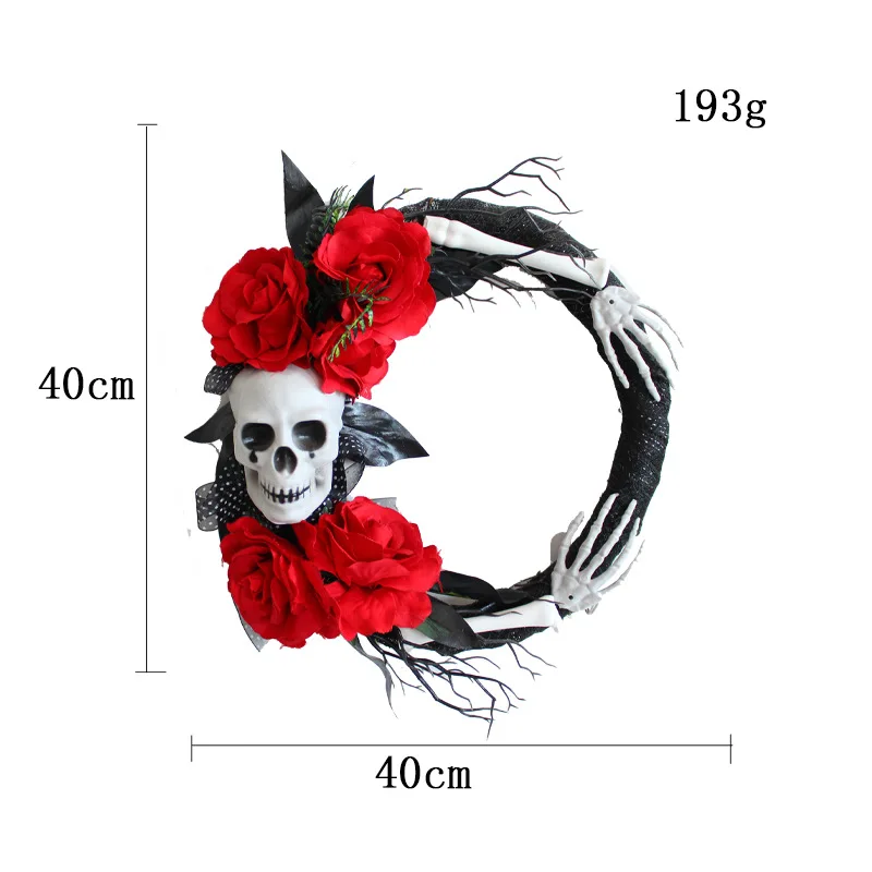 Halloween Skeleton 16 Inch Red Rose Ghost Handmade Garland Halloween Festival Party Venue Scary Props Decorated Rattan Wreath