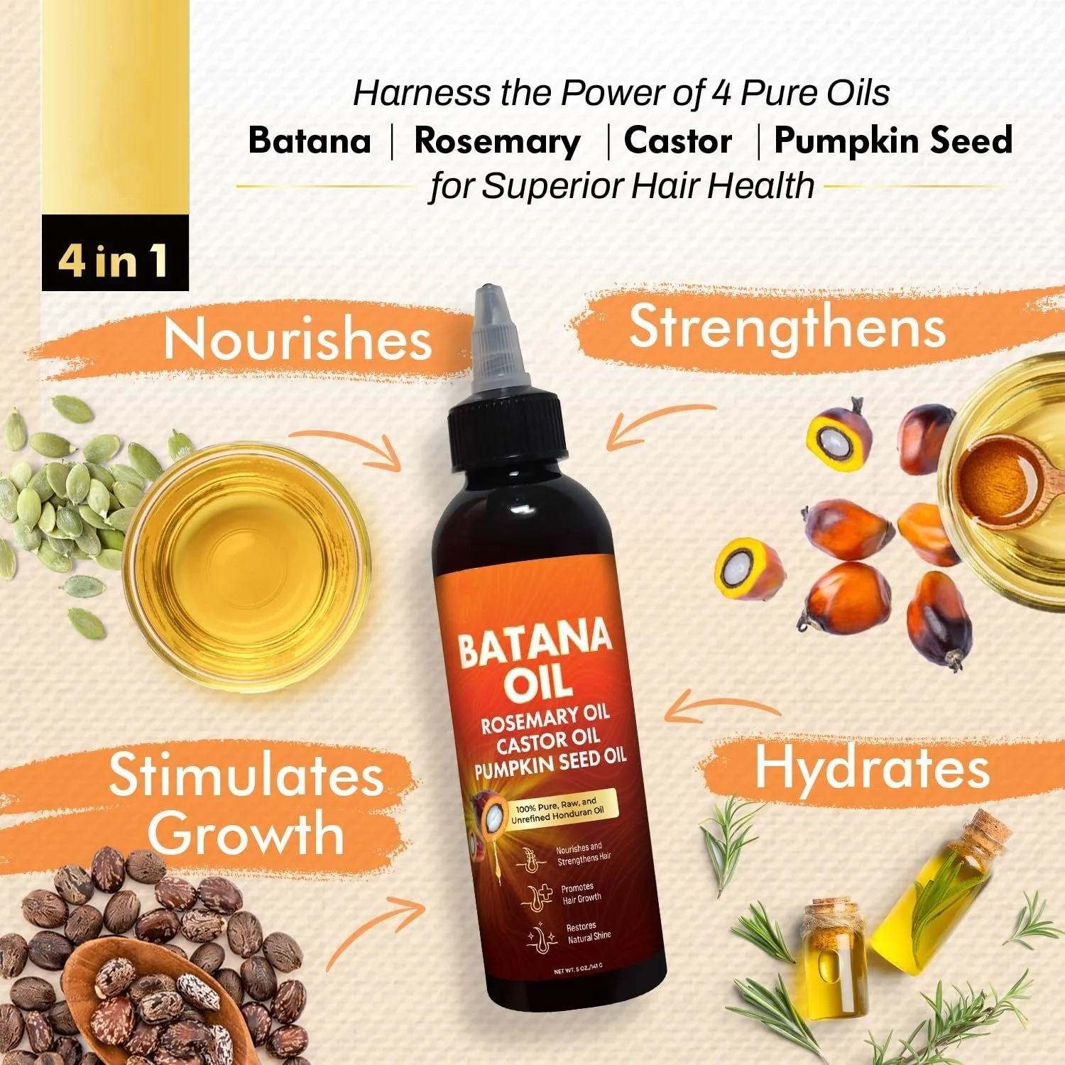 Custom private label batana rosemary pumpkin seeds castor 4 in 1 hair oil scalp care organic oil