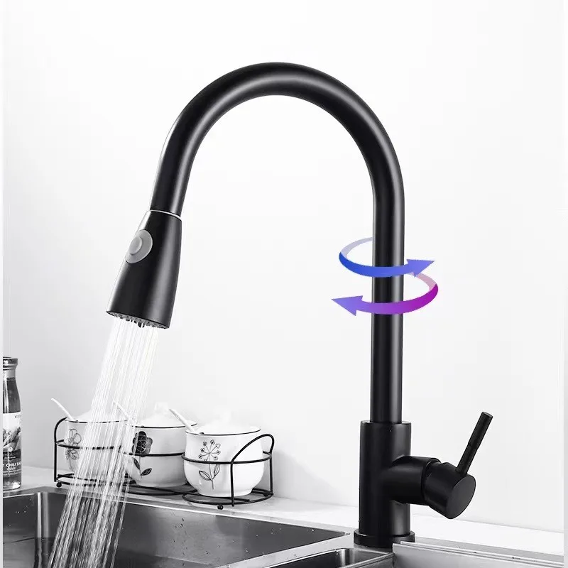 Modern Style Simply Matte Black Pull Out  360 Degree Rotatable Spray Head Flexible Hose Deck Mounted Kitchen Sink Faucet Tap