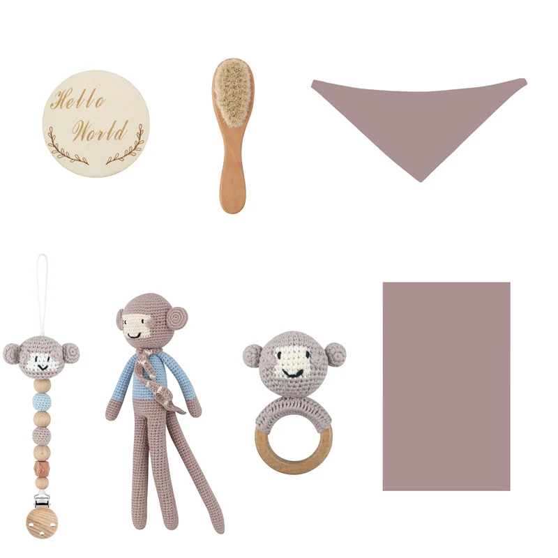 Baby Monke Rattle Toys Animals Teether Muslin Baby Bib Blanket Pacifier Clip Gift Set Shower Brush Toy 7pcs Set Milestone Wooden