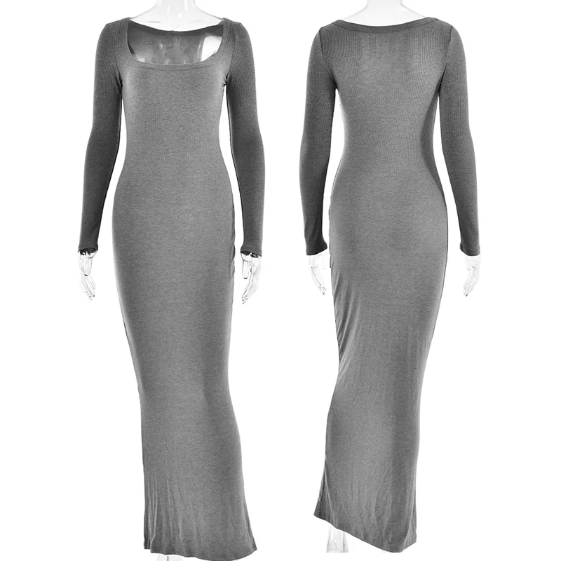 Custom 2024 Spring Logo Knitted Loungwear Women Sundress Rib Long Sleeve Dress Lounge Slip Ladies Long Maxi Dress