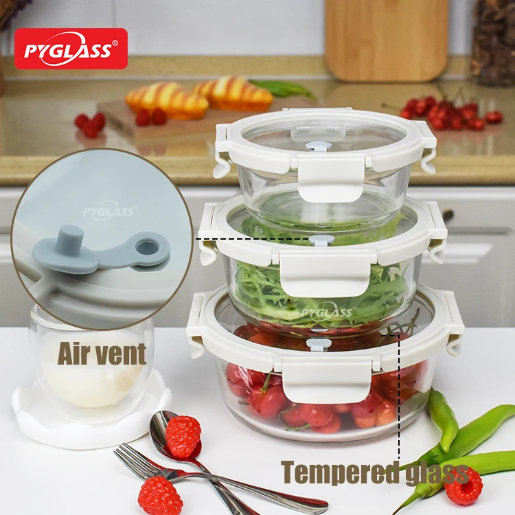 Glass food storage container with breathable clear glass lid for home kitchens 3set