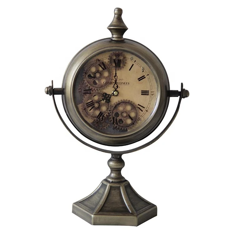 round vintage style wooden glass table clock with moving gears for sale
