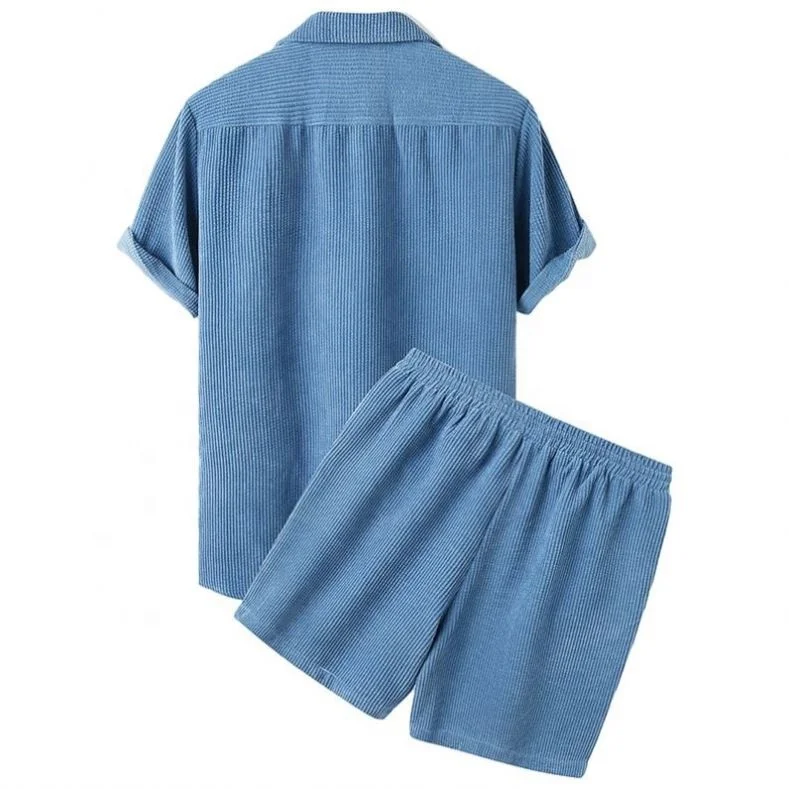 2022 Custom Logo Solid Color Men 2 Piece Short Set Corduroy Summer Shirt