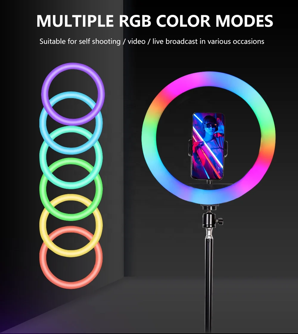 Kaliou 34 colors portable dimmable 30cm RGB ring light  makeup selfie photo LED rainbow ring light for live camera fill light