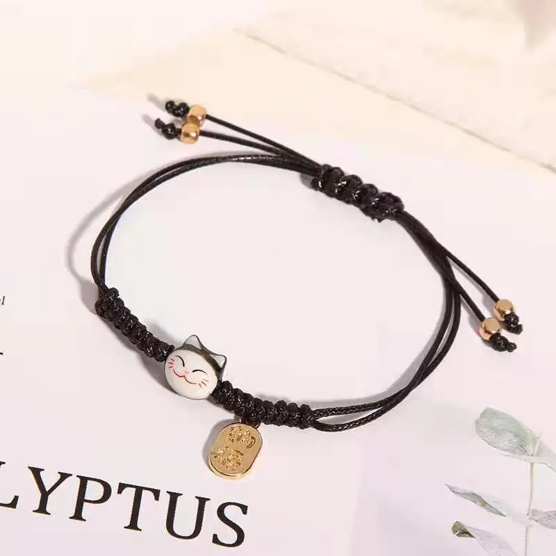 Cute ceramic cat braided rope bracelet Hand-woven lucky cat strings