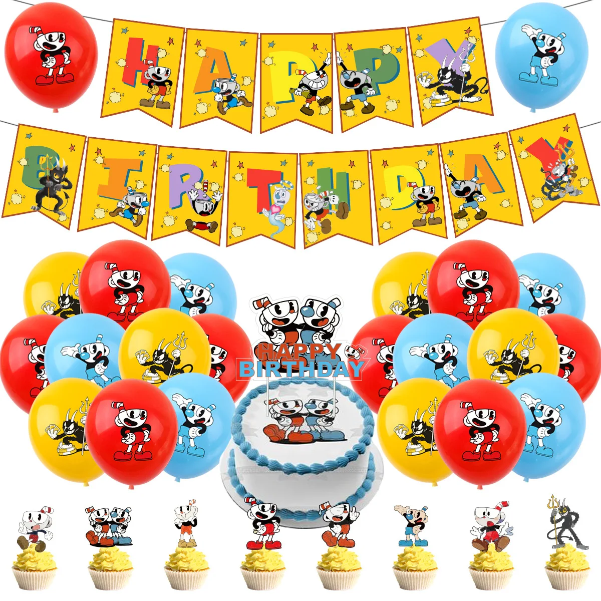 Cup Head TV Show Party Decoration CupHead Theme Birthday Banner Honeycomb Centerpieces Cake Topper X6030