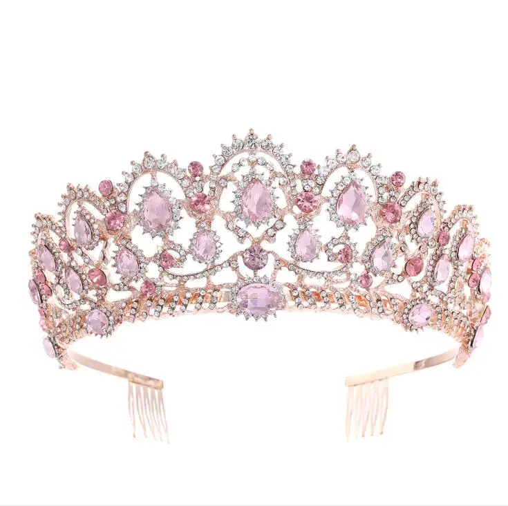 Baroque Pink Tiara Crown Bridal Headband Princess Tiara for Birthday Wedding Baby Shower Bridal Party Decorations