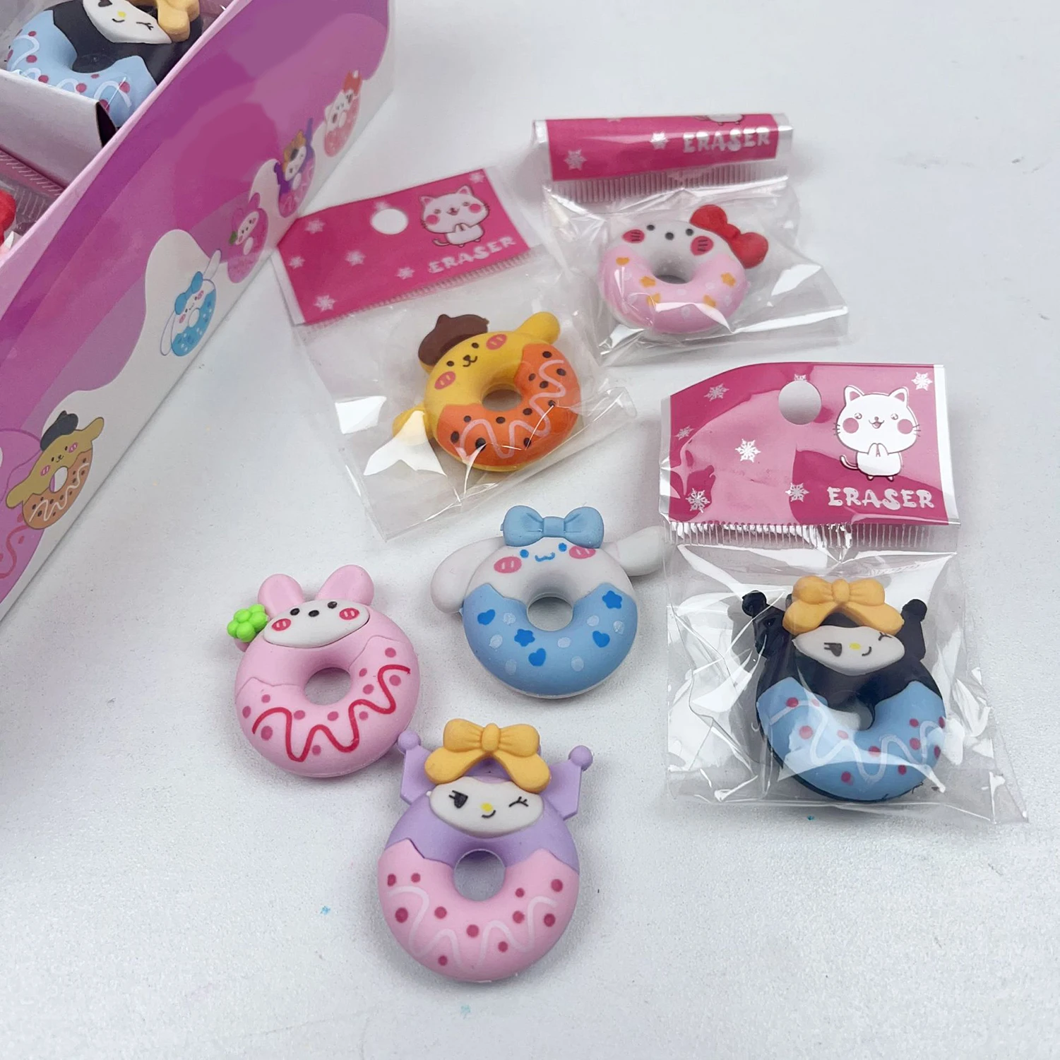 Wholesale Stationery Cartoon Donuts Rubber Cartoon Animals Shape Kitty Cinnamoroll Kuromi Erasers for children