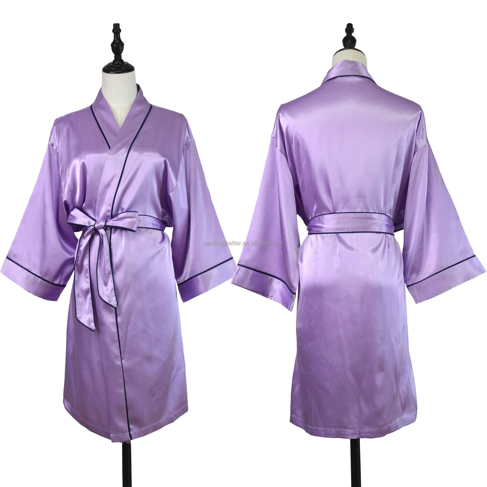 New Design Fashion Silky Nightgown Robe with Piping for Women Girl Lady Plain Piping Belted Kimono Robe Satin Bathrobe