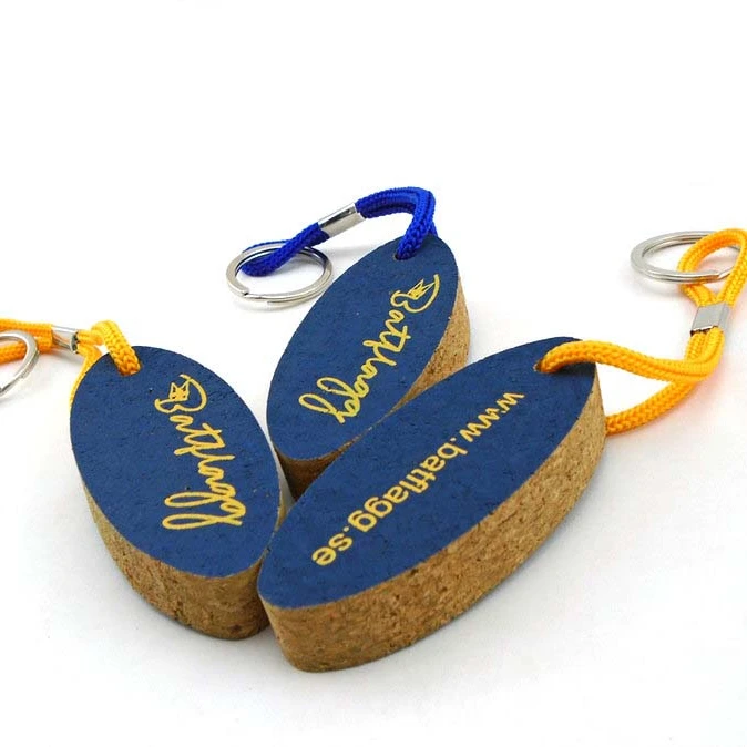Oval rope blue yellow wholesale high quality   key ring with cork ball cork key chain wood keychain cork keychain