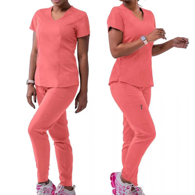 New Stretch V-Neck Scrub Top for Women Solid Short Sleeve T-Shirt Beauty Salon Nurse Uniform with Pocket Care Workers Blouse