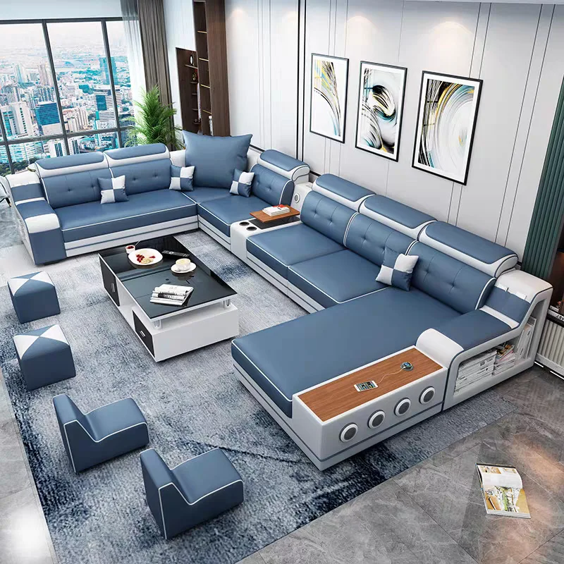 Living room sectional sofa furniture high quality PU leather modular 5 seat L shape modern sofa set with USB speaker recliner