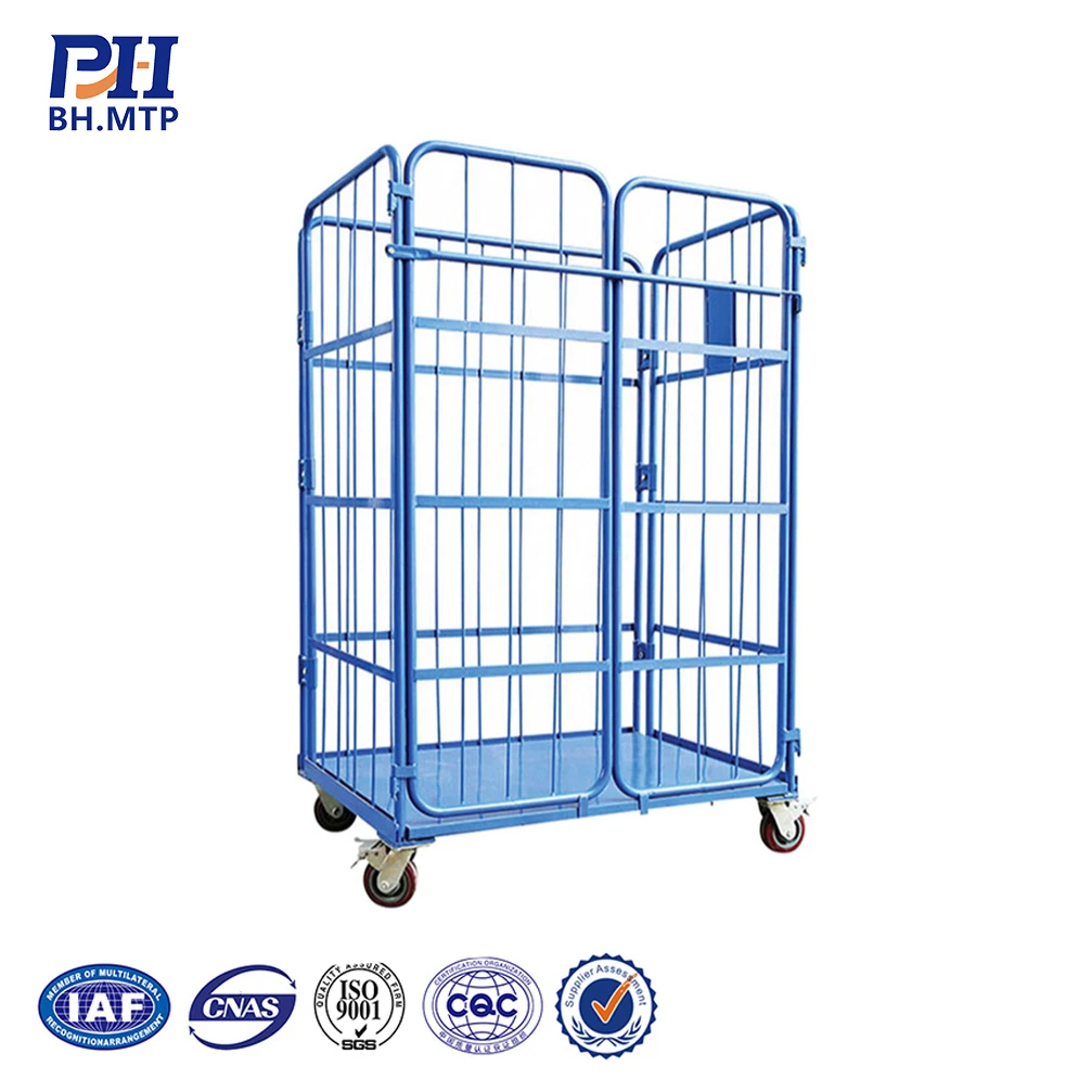Heavy Duty Logistics Galvanized Foldable Wire Mesh Steel Laundry Durable Nesting Detachable Storage Roll Container Trolley Carts