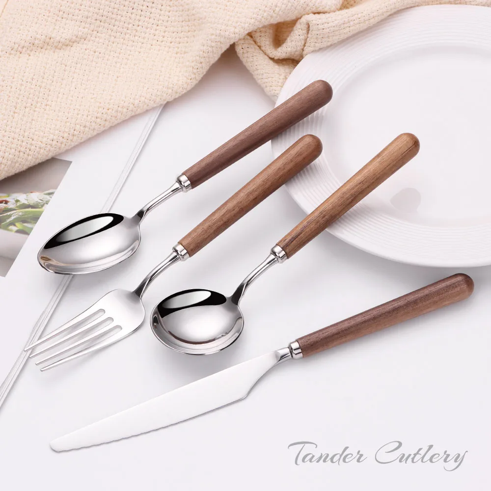 Vintage Walnut Wood Silverware Knife Spoon Fork Reusable 18/10 Stainless Steel Wooden Handle Cutlery Set