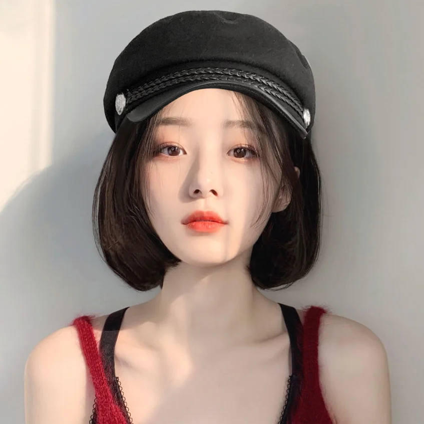 Bobo Chemical Fiber Hot Filament Short Straight Hair Navy Hat With Wig For Women