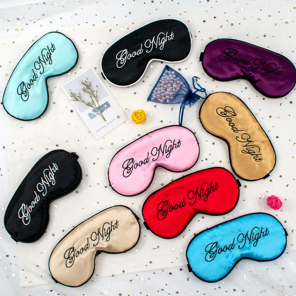 
embroidery good night sleep adjustable eye mask with different colors imitated silk eye cover for hotel 