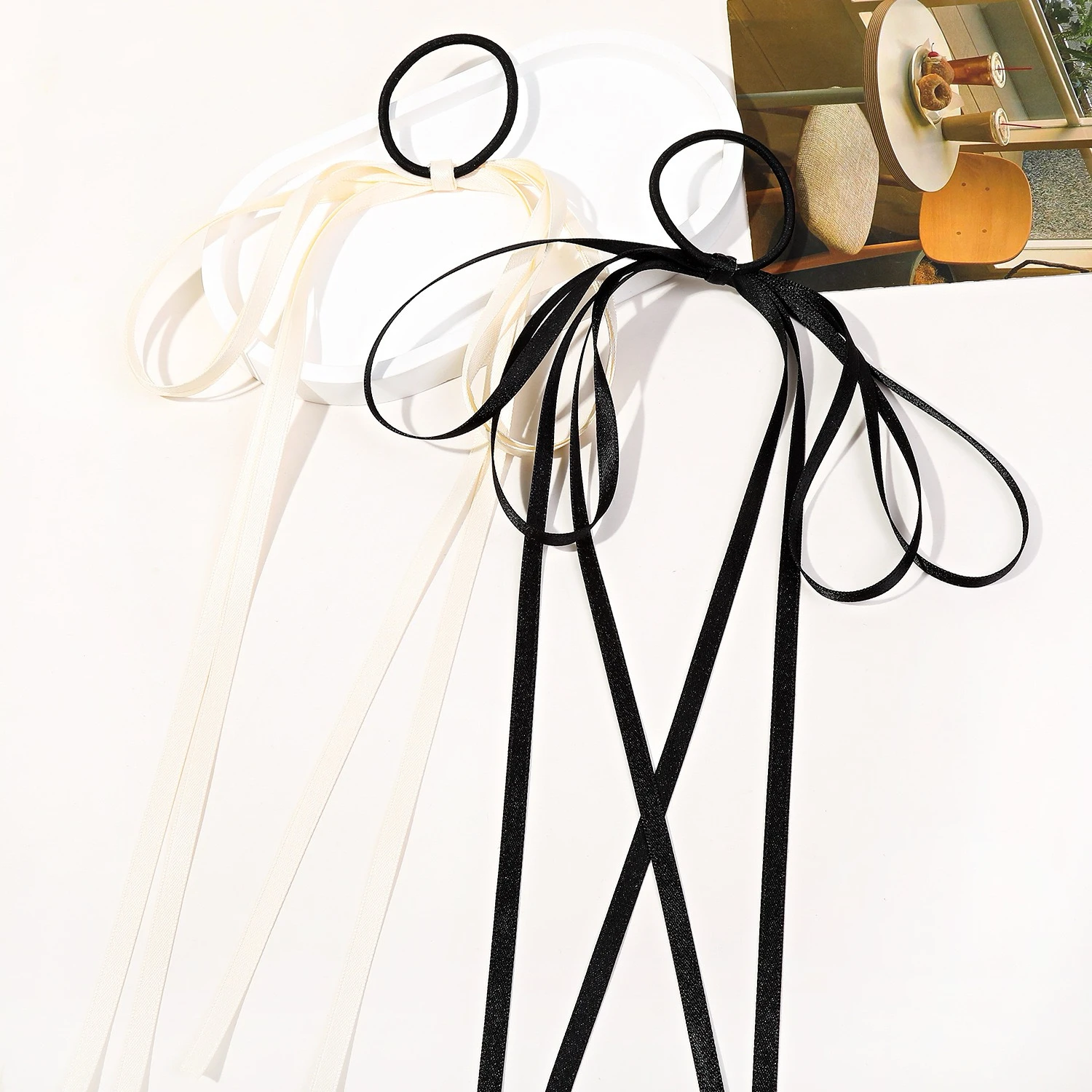 2024 Hot Sale New Arrival Handmade Colorful Bow Hair Ties thin Ribbon Bow Elastic Hair Band With Long Tail Chinese  Accessories
