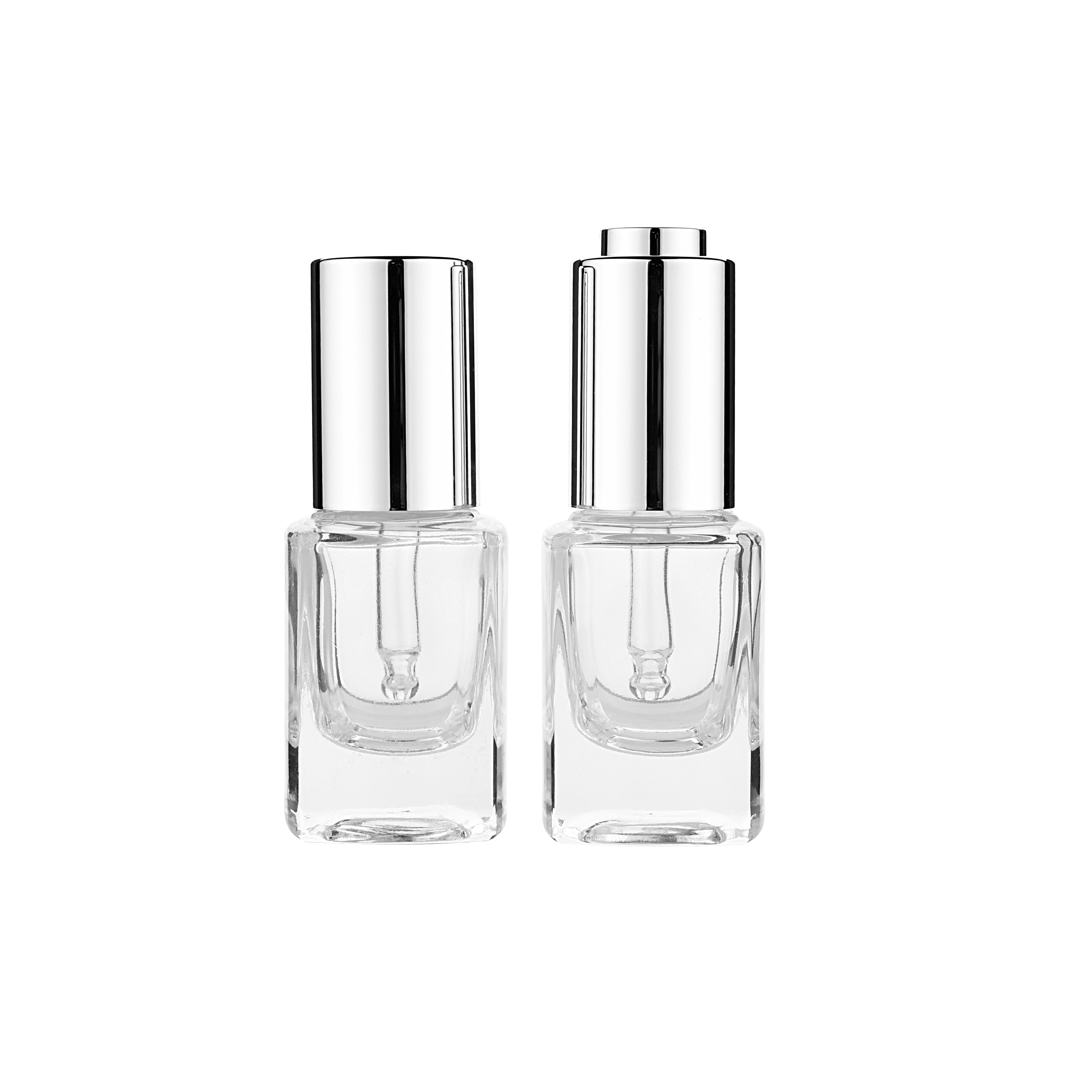 Push button essential oil square 15ml bottle silver pressed pump glass dropper bottle