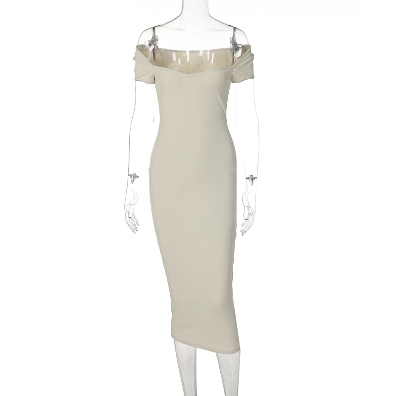 Lagerfe D1C7527G Ribbed Women Short Sleeve Off Shoulder Midi Dress Bodycon Sexy Streetwear Party Club Casual 2022 Summer Clothes