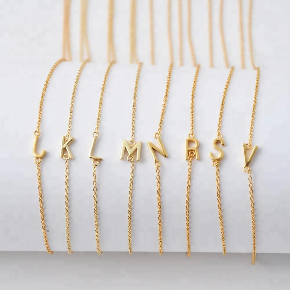Personalized 925 Mini Charm Sideways Gold Plated Custom Alphabet Silver Initial Letter Necklace