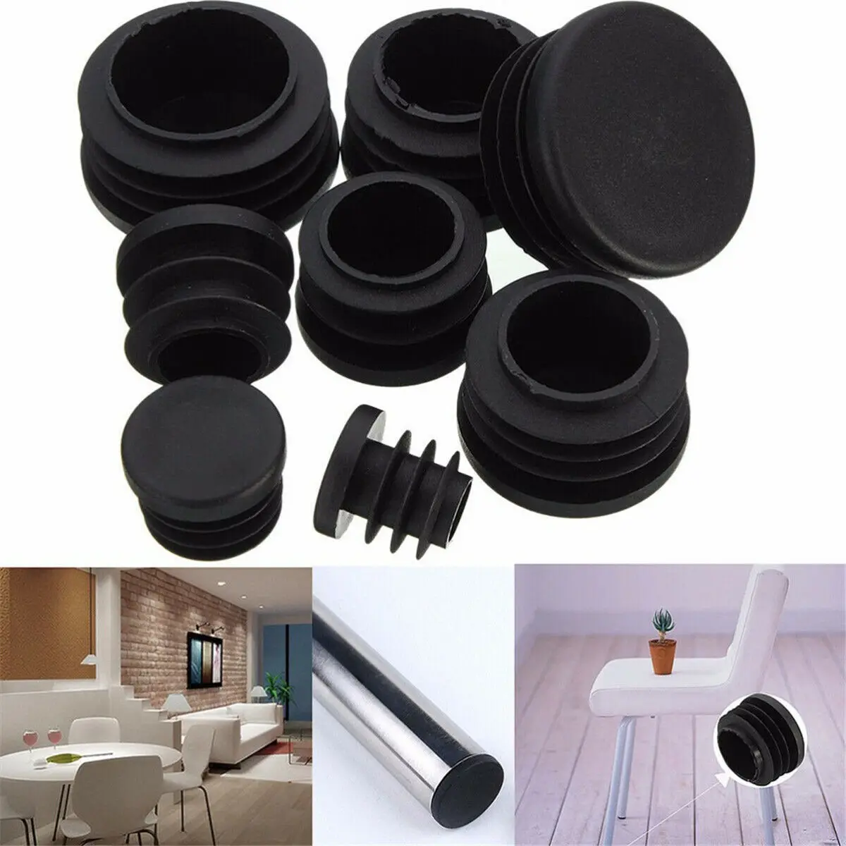 Черные круглые пластиковые заглушки разных размеров на заказ, скользящая вставка для ножек стула, стола, трубы, отверстия для трубки, крышка заглушки