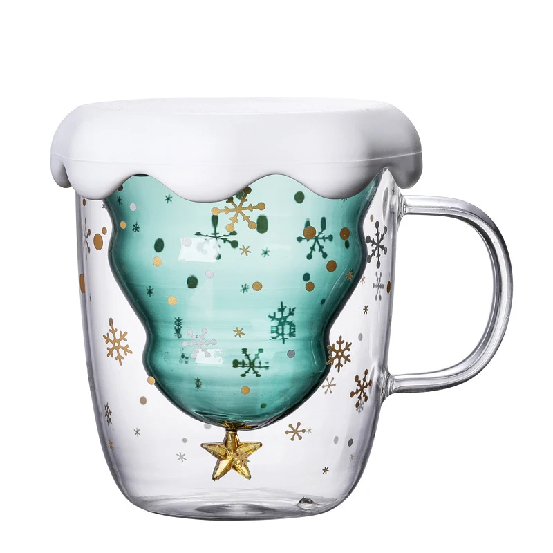 2019 new products Christmas tree cups with silicone lid and handle high borosilicate glass mugs handblown stars for sale