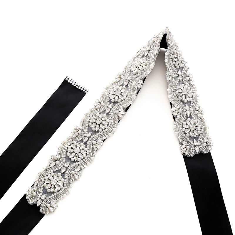 
Wholesale Silver Rose Gold Crystal Rhinestone Applique Iron on Satin Ribbon Bridal Sash Wedding Belts 