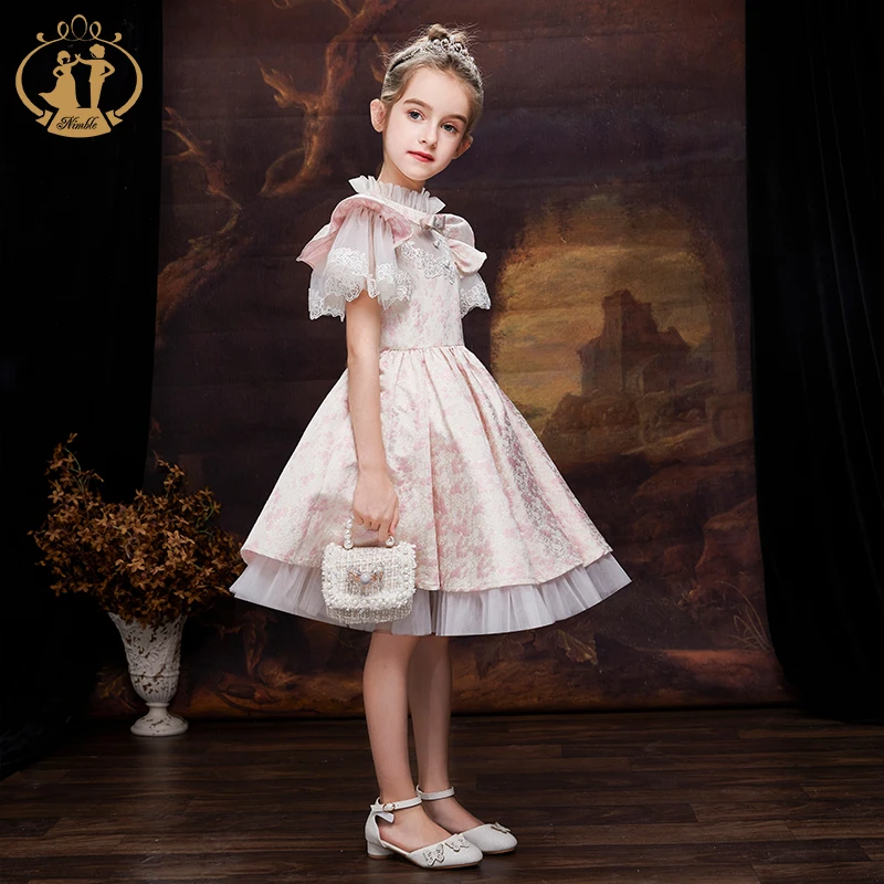 NIMBLE 2022 Jacquard Fabric Beaded Lace Flower Girls Satin Dresses Princess Toddlers Kids Party Ball Gown Holiday Long  Frock