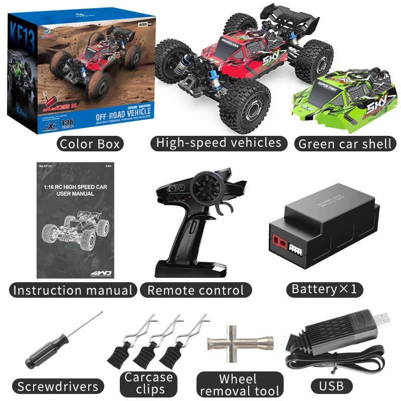 KF13 62KM/H 1/16 Scale Brushless RC Cars Remote Control Toys 4WD Off-Road RC Monster Truck RTR RC Vehicles for Adults Kids