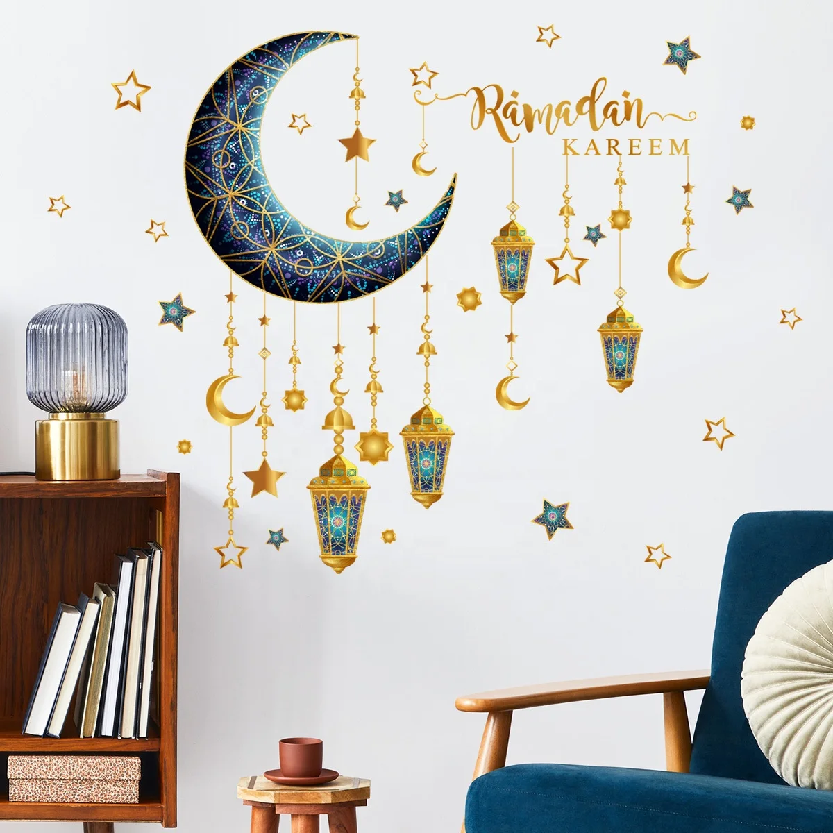 Wholesale Ramadan Kareem PVC Wall Sticker Removable Moon Stars Lantern Islamic Muslim Eid Ramadan Decorative Wall Sticker