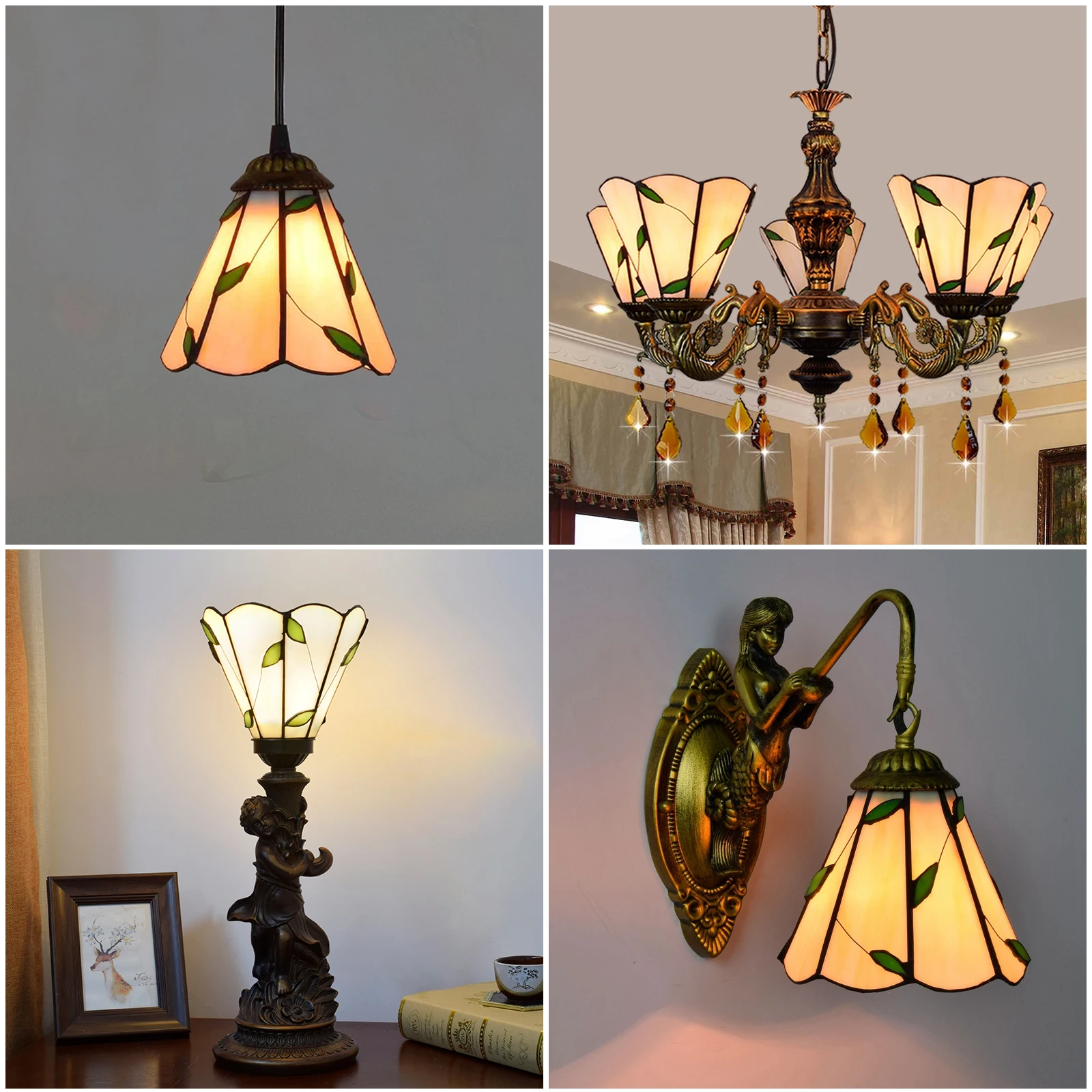 Tiffany Replacement Lampshade, Stained Glass Vintage White Blue Green Leaf Shade Cover Accessarioes For Chandelier, wall lamp