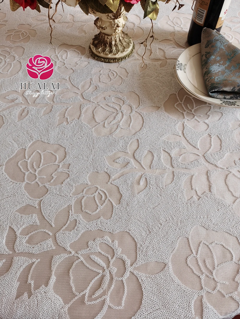 BEAUTIFUL FLOWER DESIGN WHITE AND CHAMPAGNE SEQUIN CUSTOM TABLE OVERLAY CLOTH FOR WEDDING