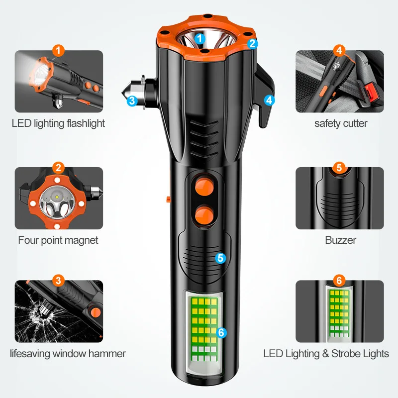USB Rechargeable Multifunction Safety Hammer Self Defense Led Torch Flash Light Car Emergency Escape Rescue Solar Flashlight