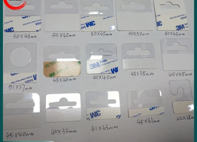 Clear Plastic Hang Tab PET Adhesive Euro Hook Slot Stickers for Store Retail Cardboard Stand Display Hook
