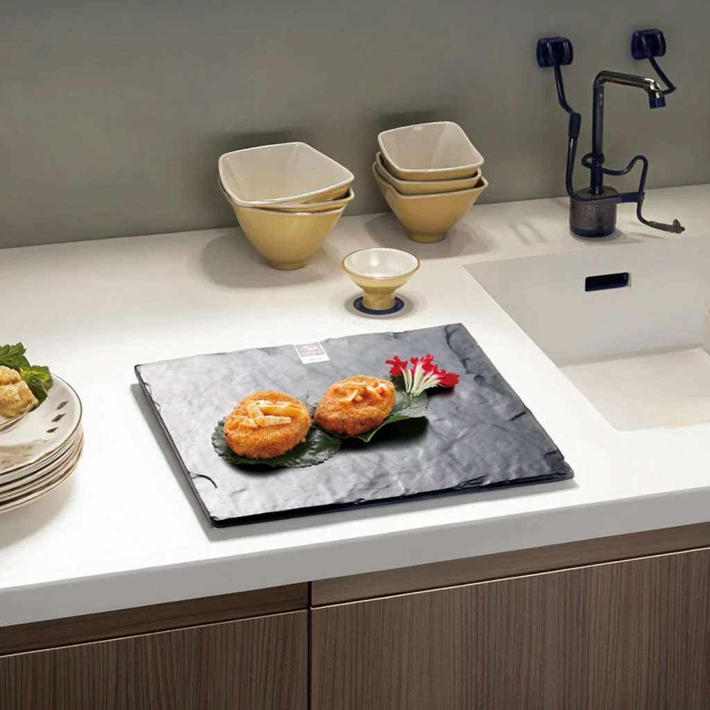 Hot Sale 100% Melamine Square Black Slate Stone Plate