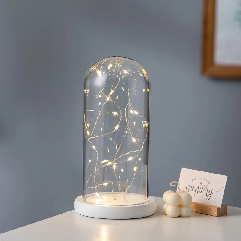 Eternal life flower anti dust glass cover LED light string base side independent metal switch glass dome with wood base