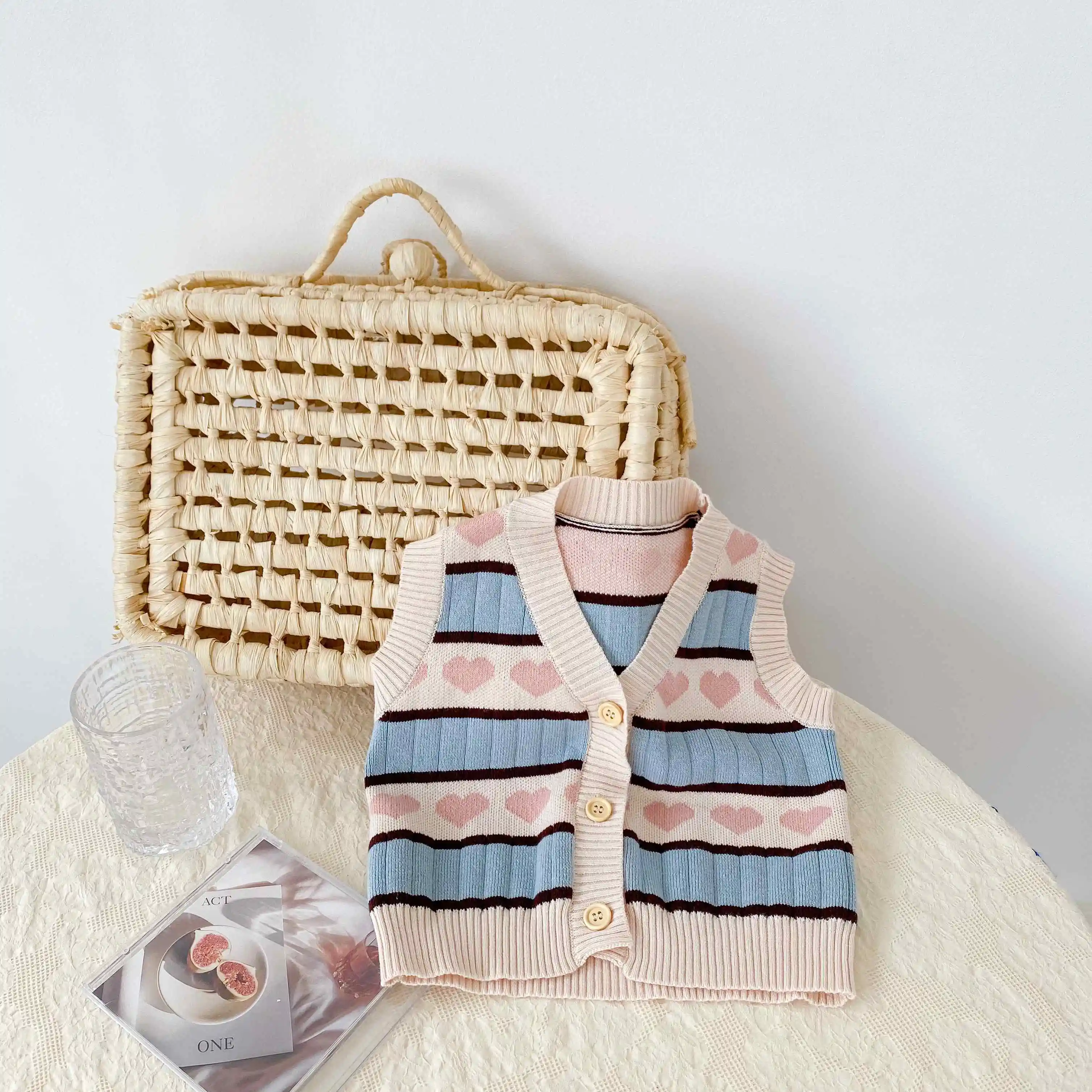 2021 autumn baby girl infant children 0-2 years old cardigan cotton yarn knitted love striped all-match baby sweater vest coat