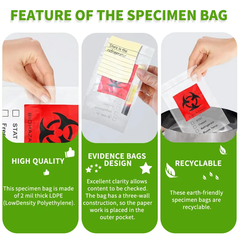 Factory Hospital Custom Disposal Eco-Friendly Plastic Medical 3 Layers 4 Layers Zipper Biohazard Sample Specimen Bags