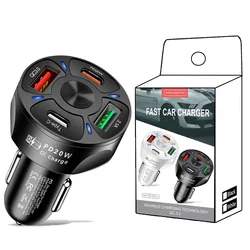 4 Ports 20W USB-C PD+QC 3.0 3.1A 2 USB+Type-c Fast Car Charger for iPhone/Samsung