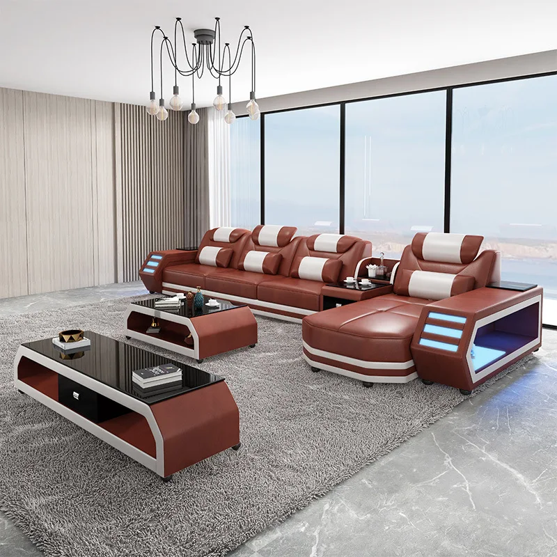 Luxury Italian Leather U-Shaped Sofa with Bluetooth Speaker and light