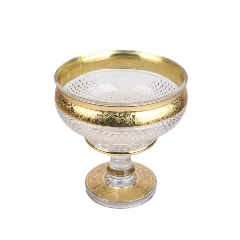 Uzbek Kazak Tajik European Skidki Idishlar Round Shape Fruit Plate Chinni Gold Pattern Posuda Decorative Glass Bowl Footed