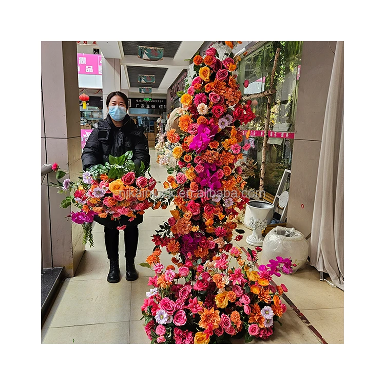 Factory Price Artificial Flower Panel Orange And Hot Pink Rose Chrysanthemum Peony Flower Runner Set For Wedding Backdrop